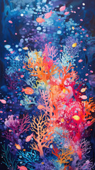 Poster - a deep dark blue background highlighted with neon pink and orange splotches strewn sporadically acro