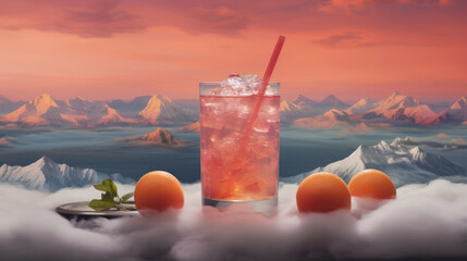 Poster - a dreamy concoction of frozen tea steeping in misty vapor against a backdrop of vivid orange and pin