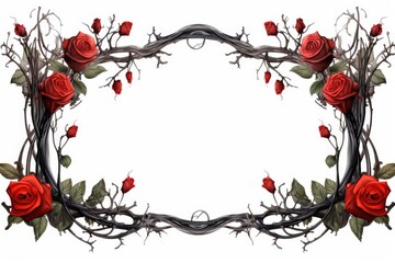 Wall Mural - A frame made of vines and red roses. Digital image. Frame with copy space.