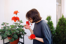 Woman Smells Red Geranium 