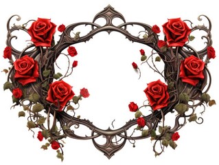 Wall Mural - A wreath with red roses and vines on a white background. Digital image. Frame with copy space.