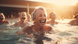 An energetic group of senior women are laughing and having fun, doing a discreet water fitness aerobics class in a swimming pool at sunrise in a nudist colony.