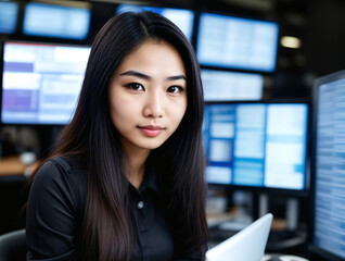 Portrait of asian teenager hacker girl in front of glowing screens. Creativity, innovation, collaboration concept.