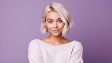 Young Blonde Woman In White Casual Sweater Isolated On Purple Background.