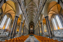 Interior View Of The Nave, Altar, And Columns In The Salisbury Cathedral, Formally The Cathedral Church Of The Blessed Virgin Mary, In Salisbury England.