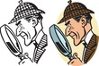 A vintage retro cartoon of a police detective looking for clues with a magnifying glass. 