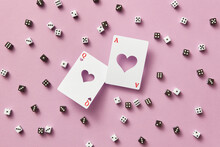 Ace And Queen Of Hearts With Black And White Dice.
