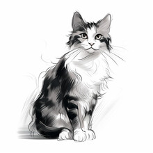 Maine Coon Cat Sitting Pencil Sketch Isolated On A White Background