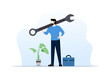 © FAHMI - fix business problem concept, help solve problem, fix business in crisis or crisis management, smart businessman bring big wrench metaphor to fix problem. flat vector illustration on a white backgroun