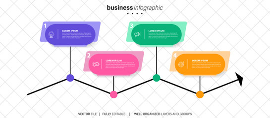 infographic template 4 step business planning to success multi colored rectagles with icon. template background design for marketing, finance, product.
