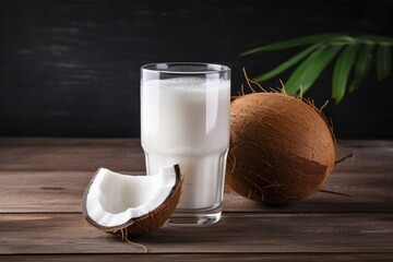 Wall Mural - Coconut milk in glass on rustic wooden table top, close up view. 