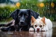 A black dog with a white dog lying in the rain