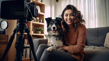 Female social media influencer sitting in her living room with her pet Border Collie, concept of companionship and connecting consumers' love for pets