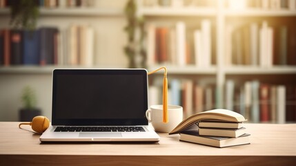 Poster - books on laptop in library. generative ai