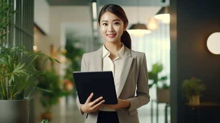 Wall Mural - Smiling businesswoman working on a laptop in her office