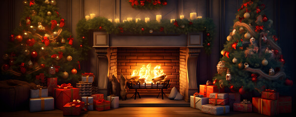 Wall Mural - Interior Christmas. magic glowing tree, fireplace and gifts box decoration in wall room, AI generate