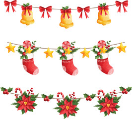 Watercolor illustration set of Christmas decoration garland