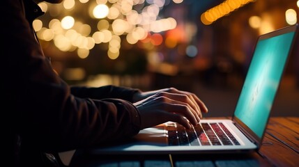 Poster - Person focused on work at a cafe with a laptop computer 