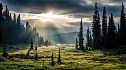 Wall Mural - Rays of sunlight piercing through dense clouds, casting an ethereal glow on a serene meadow.