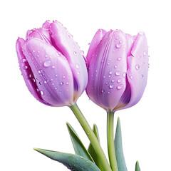 Wall Mural - water droplets on transparent background adorn purple terry tulips