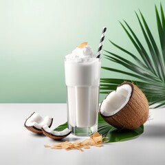 Wall Mural - Coconut milk shake glass with fresh sliced coconut. 