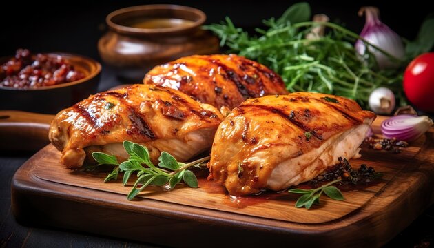 closeup of tasty roast chicken breast served on wooden board. grilled chicken.