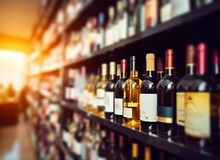 Abstract Blur Wine Bottles On Liquor Alcohol Shelves In Supermarket Store Background. Generative AI