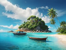 Beautiful Caribbean Sea And Boat, Tropical Island View From Beach,Summer Holiday,Generative AI