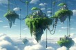 A series of islands floating in the sky connected by vines and giant chains. AI Generative