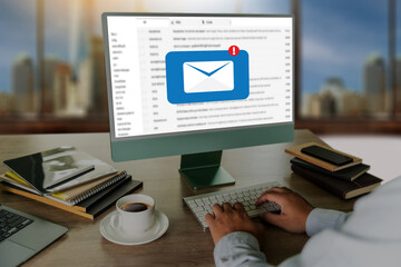Poster - mail communication connection message to mailing contacts phone global letters concept