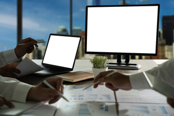 Poster - young man working Businessman using a desktop computer of the blank screen