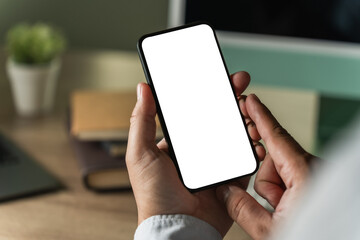 Poster - businessman holding a blank screen smartphone mobile with blank screen blank for your advertising text message communication background workplace job copy space