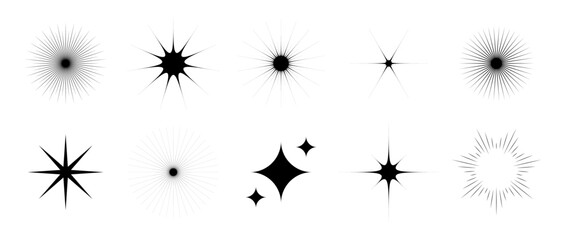 Poster - Various stars and twinkles set. Retro blink collection. Abstract black starburst shine effect pack. Design element template for poster, banner, logo, card, icon, label, collage, tag. Vector bundle