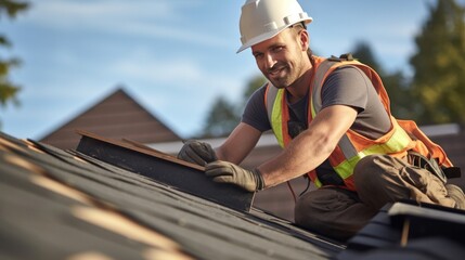 Construction worker with safety hardhat working on roof tiles installation.