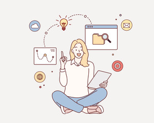Wall Mural - businesswoman analyzing data on his tablet pc and holding up her index finger. hand drawn style vect