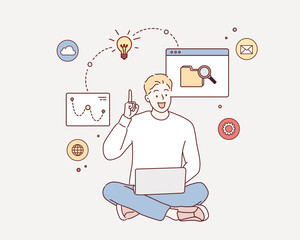 businessman analyzing data on his laptop and holding up him index finger. Hand drawn style vector design illustrations.