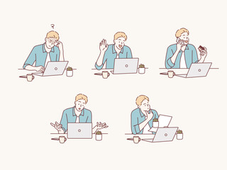 Wall Mural - business man using laptop computer sitting at a desk. hand drawn style vector design illustrations.