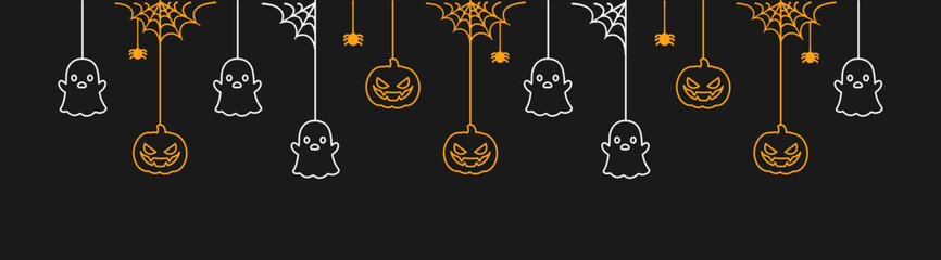 Wall Mural - Happy Halloween banner or border with glowing ghosts and jack o lantern pumpkins. Hanging Spooky Ornaments Decoration Vector illustration, trick or treat party invitation