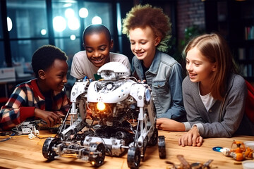 Cheerful kids working on technology project at school making artificial intelligence toy, robotics