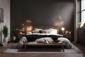 hygge design bedroom using dark wood tones
