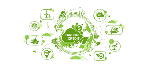 The concept of carbon credit with icons. Tradable certificate to drive industry and company to the direction of low emissions and carbon offset solution. Green vector illustration template.	
