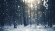 Blur Snow Falling In Pine Forest Scene. Festive Winter Holiday And Christmas New Year Background Concept