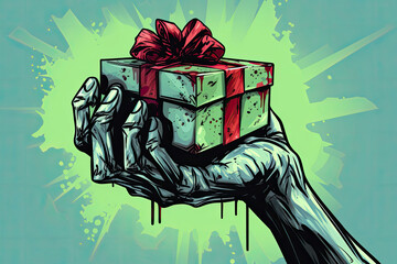 illustration of a zombie hand holding a gift box