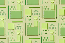 Pattern Featuring Stationery Essentials In Green Colors.