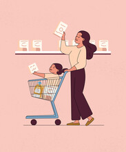 A Mother And Child Are Shopping In A Grocery Store.
