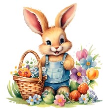 Cute Easter Bunny With A Basket Full Of Flowers