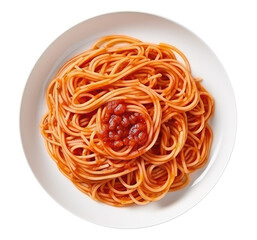 Wall Mural - Spaghetti with sause in a white plate isolated on transparent background, top view