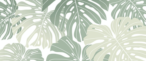 Wall Mural - Abstract foliage botanical background vector. Green and white color wallpaper of tropical plants, monstera, leaf branches, leaves. Foliage design for banner, prints, decor, wall art, decoration.