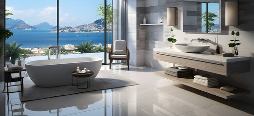 Wall Mural - white bathroom Toilet and bath on the side, modern flooring