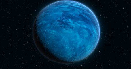 Wall Mural - abstract realistic space spinning planet round sphere with a blue water surface in space against the